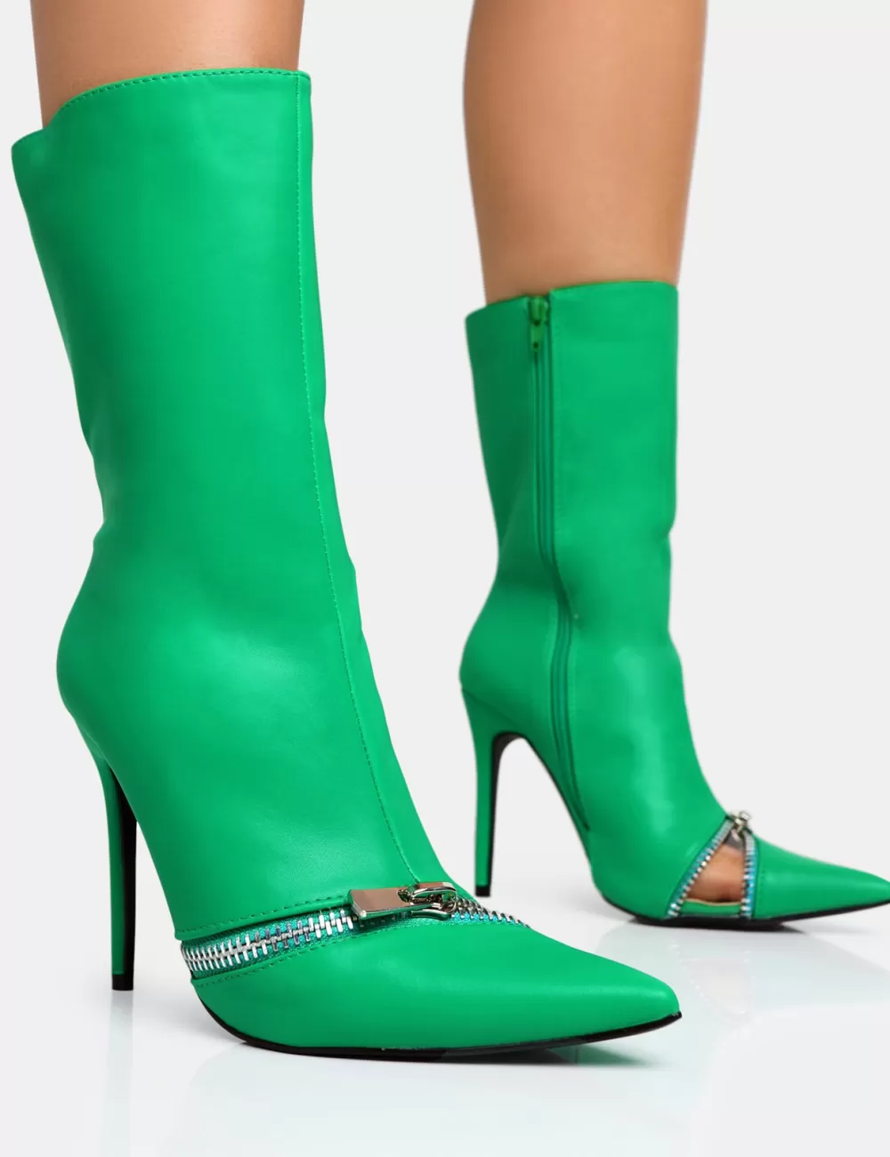Cheap Public Desire Pitstop Green Pu Zip Detail Pointed Toe Stiletto Heel Ankle Boots Black