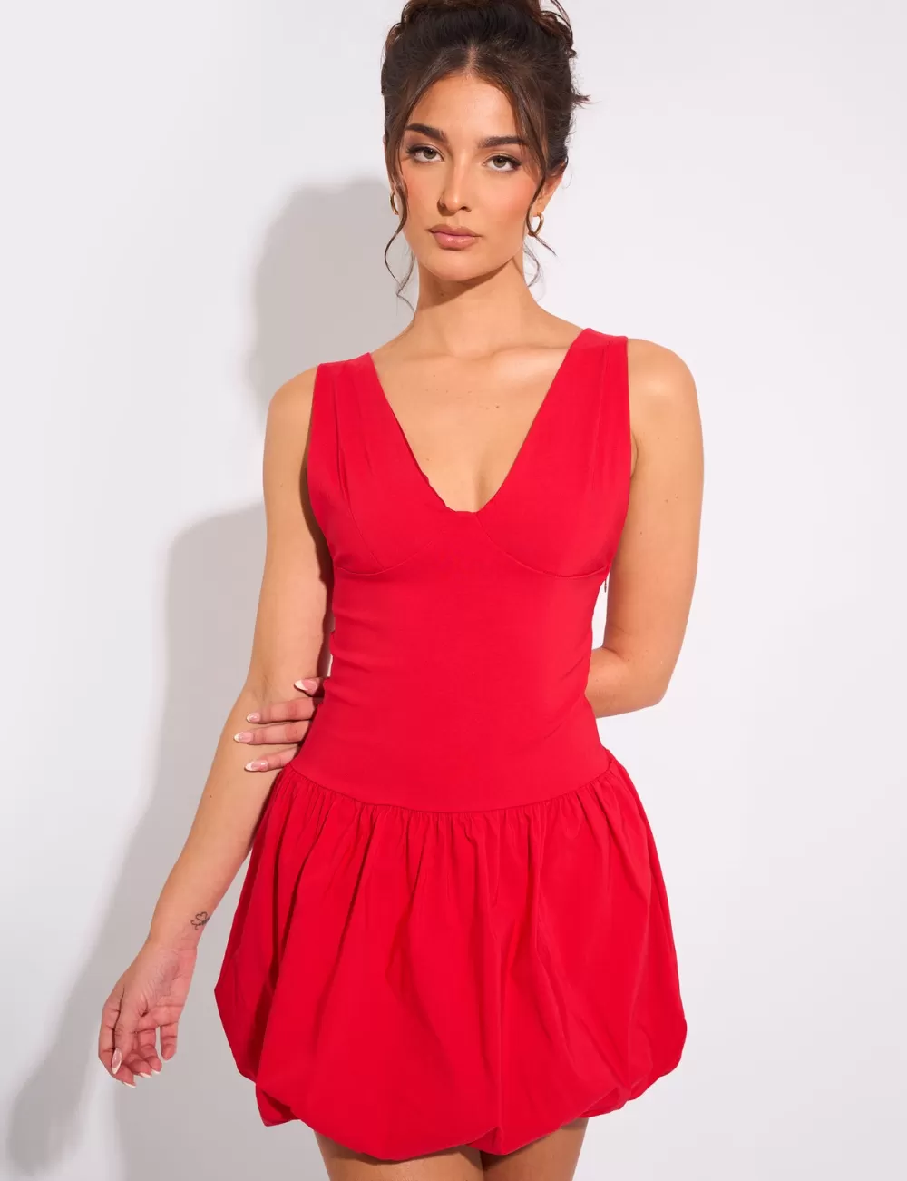 Hot Public Desire Plunge Bubble Hem Mini Dress Red