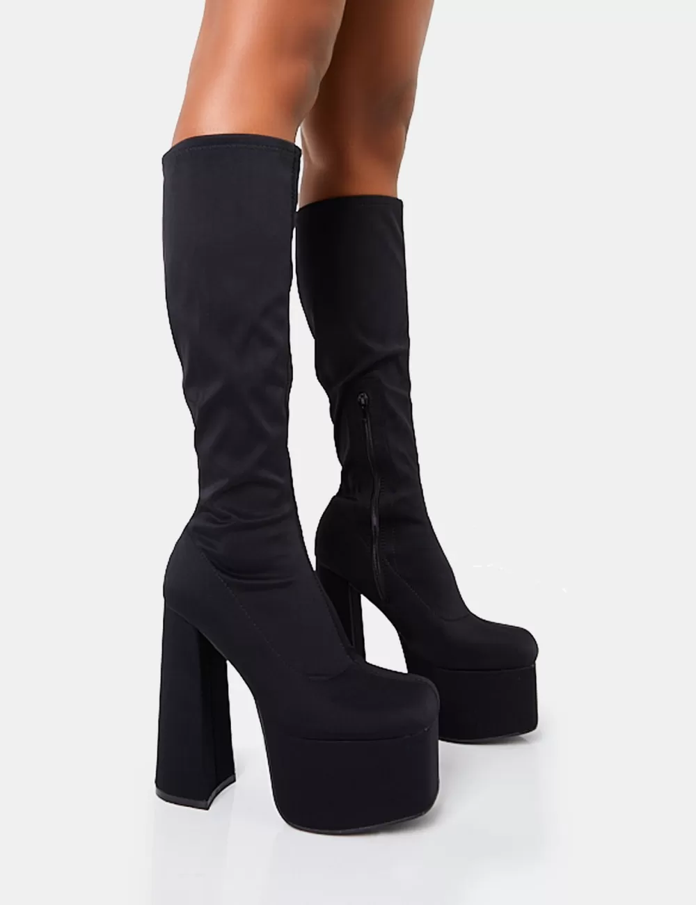 Flash Sale Public Desire Polished Black Nylon Platform Rounded Block Heeled Knee High Boots