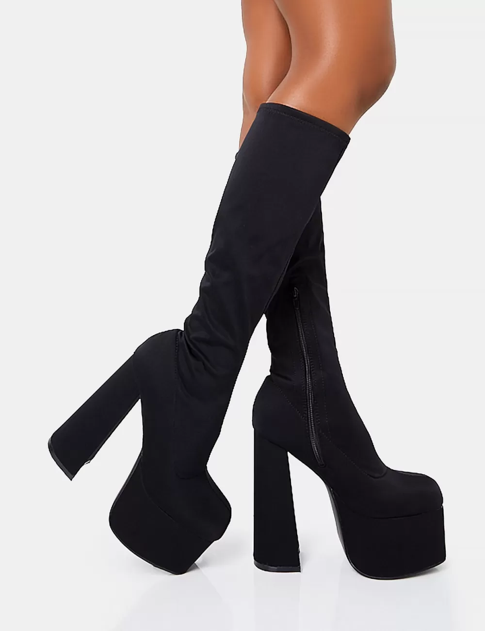 Flash Sale Public Desire Polished Black Nylon Platform Rounded Block Heeled Knee High Boots