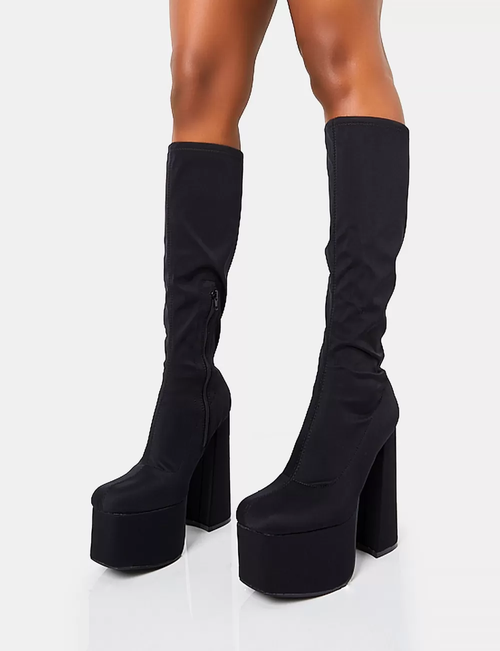 Flash Sale Public Desire Polished Black Nylon Platform Rounded Block Heeled Knee High Boots