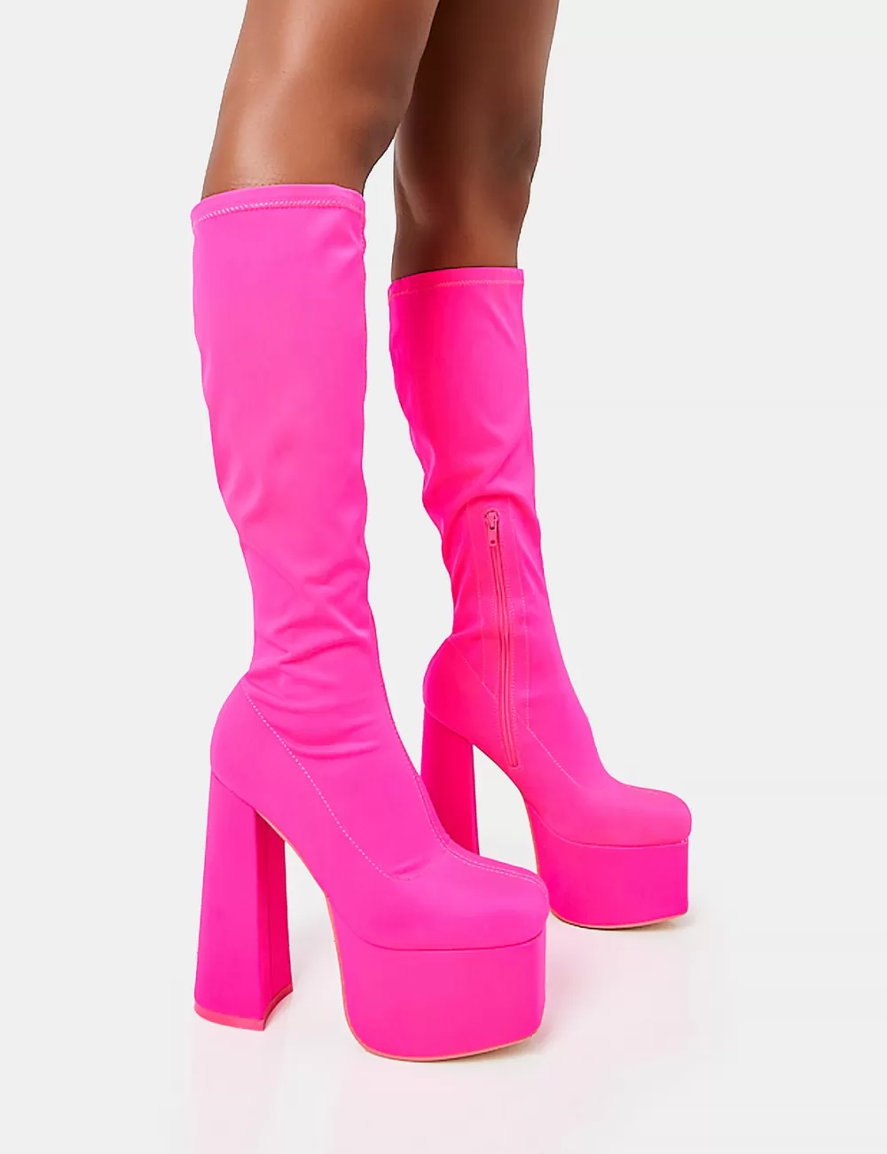 Cheap Public Desire Polished Hot Nylon Platform Rounded Block Heeled Knee High Boots Pink
