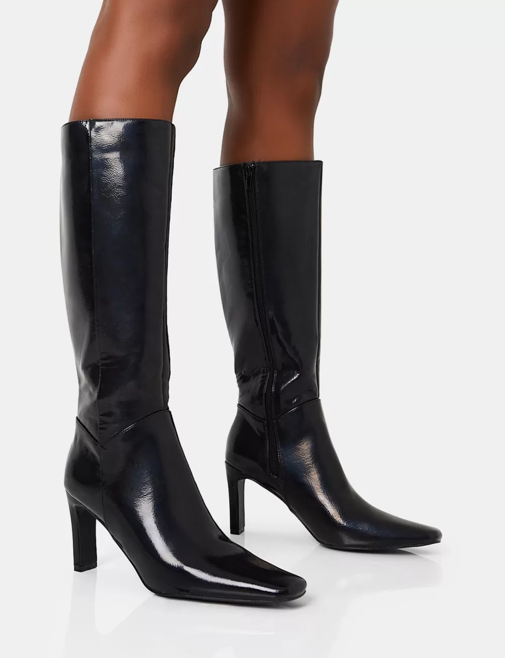 Sale Public Desire Pose Textured Pu Zip Up Knee High Slim Block Heeled Boots Black