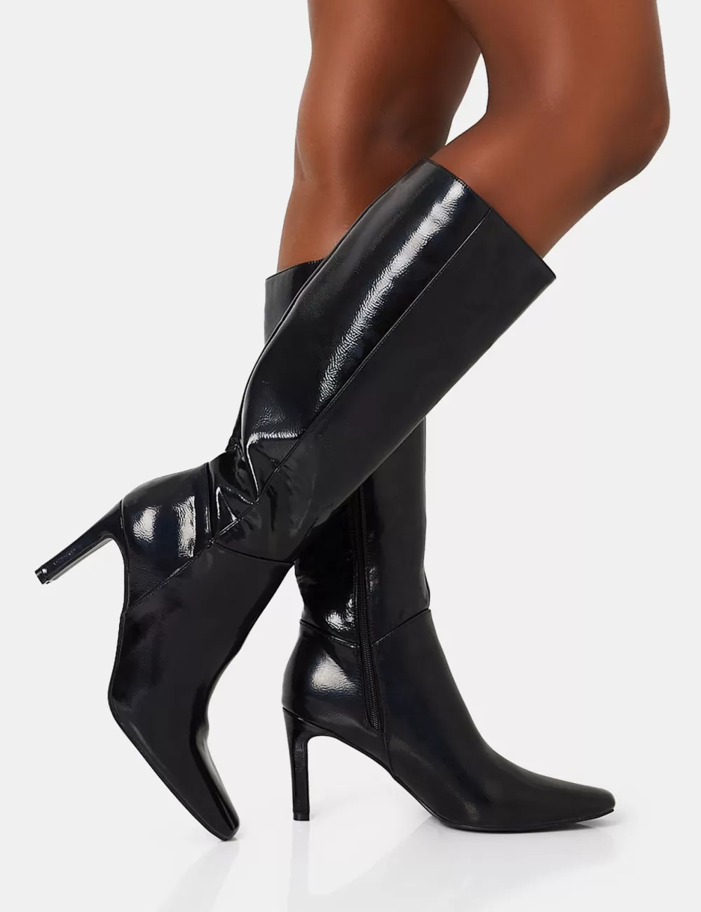 Sale Public Desire Pose Textured Pu Zip Up Knee High Slim Block Heeled Boots Black