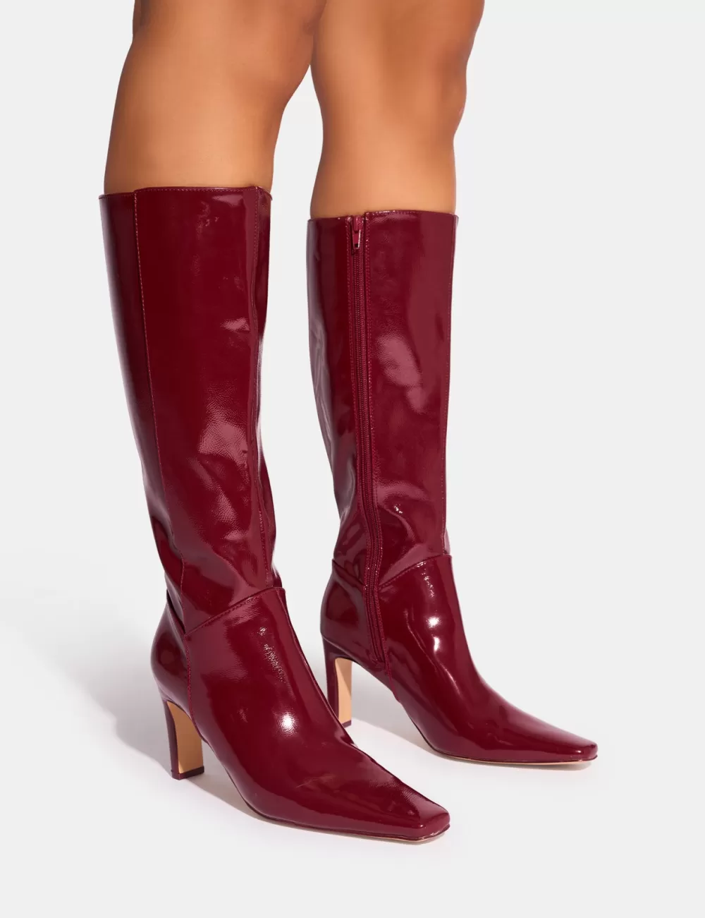 New Public Desire Pose Patent Zip Knee High Slim Block Heeled Boots Burgundy