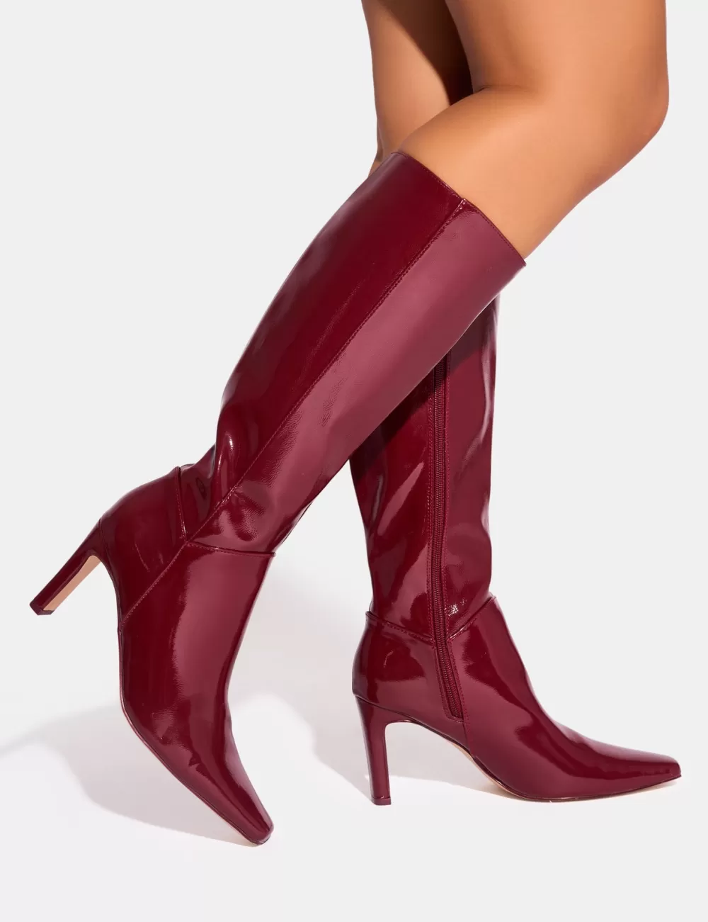 New Public Desire Pose Patent Zip Knee High Slim Block Heeled Boots Burgundy