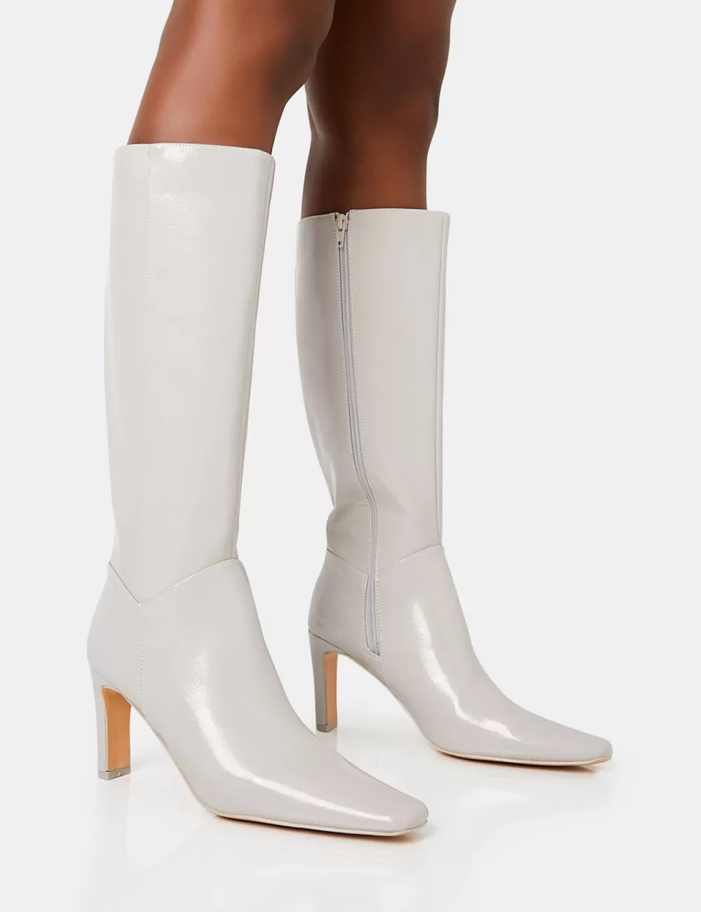 Best Sale Public Desire Pose Textured Patent Pu Zip Up Knee High Slim Block Heeled Boots Grey