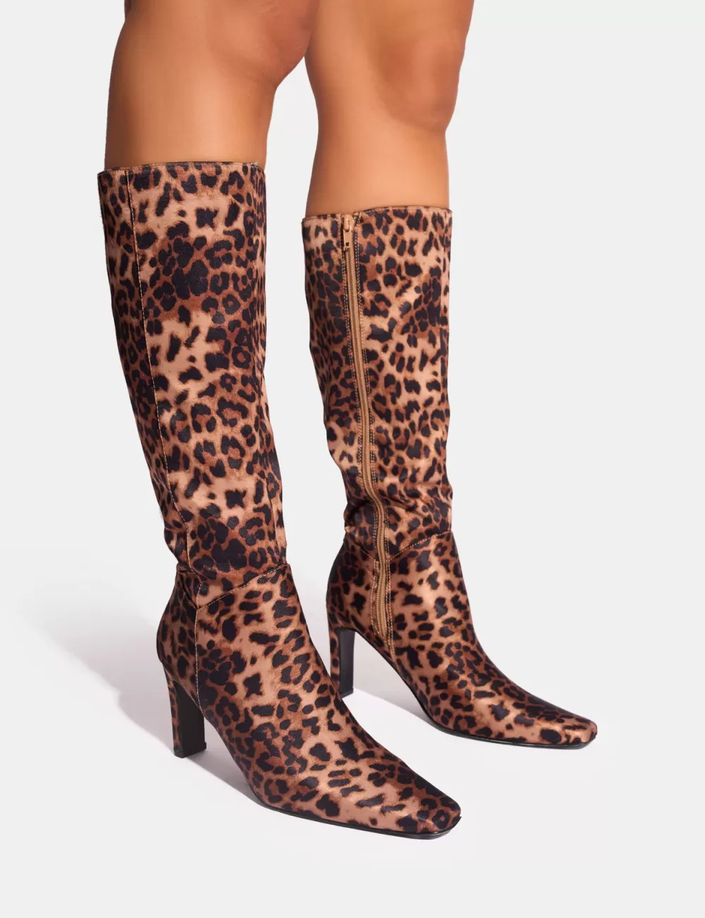Shop Public Desire Pose Wide Fit Zip Up Knee High Slim Block Heeled Boots Leopard