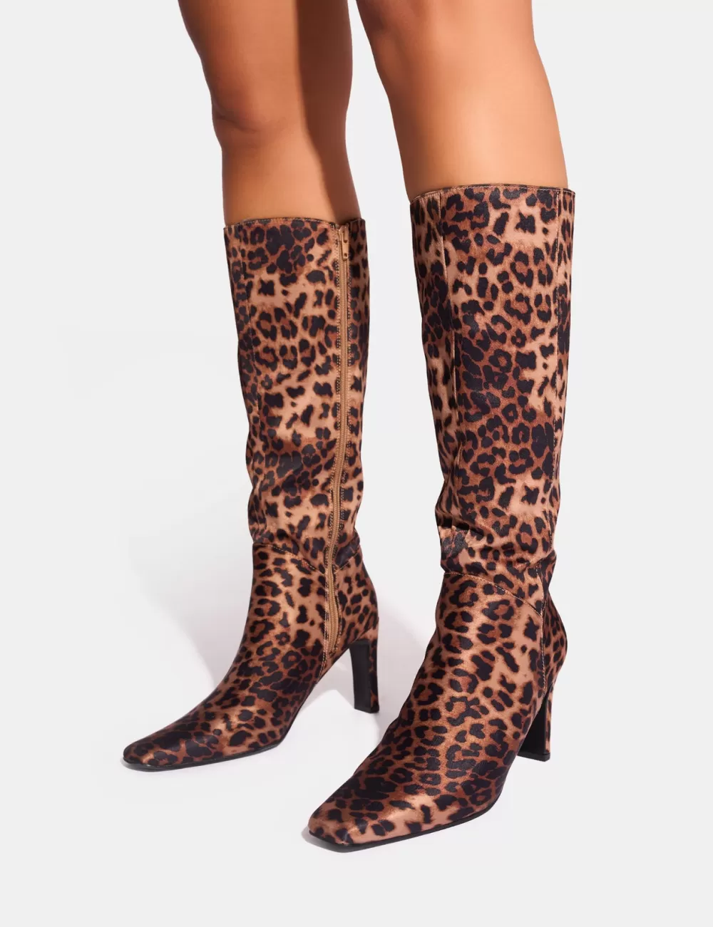 Fashion Public Desire Pose Zip Up Knee High Slim Block Heeled Boots Leopard