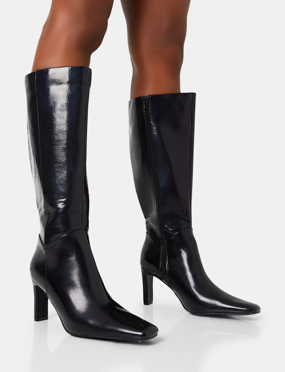 Hot Public Desire Pose Wide Fit Textured Zip Up Knee High Slim Block Heeled Boots Black