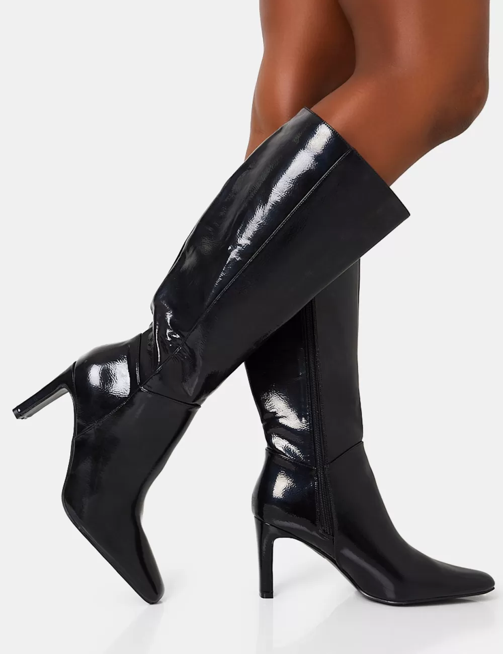 Hot Public Desire Pose Wide Fit Textured Zip Up Knee High Slim Block Heeled Boots Black
