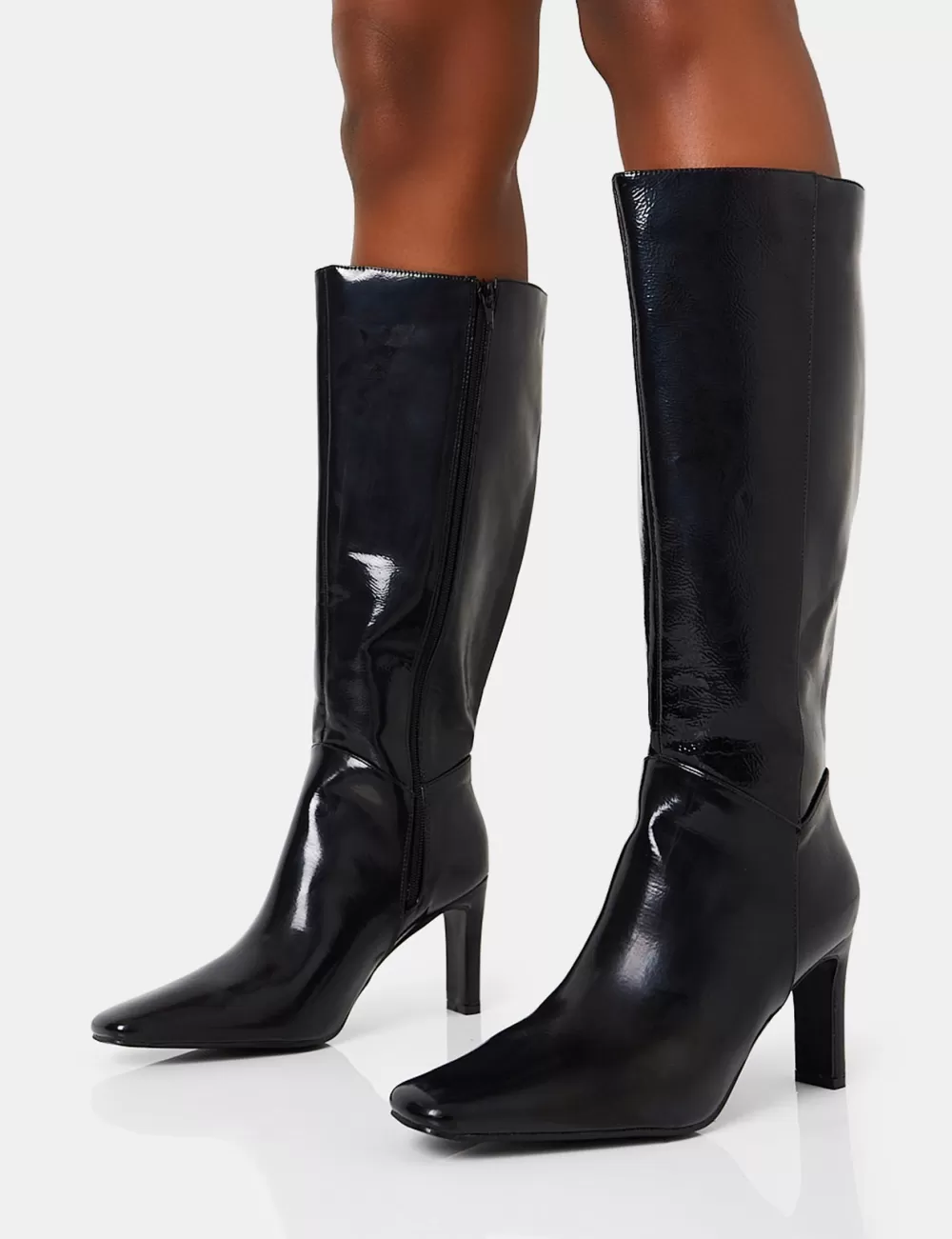 Hot Public Desire Pose Wide Fit Textured Zip Up Knee High Slim Block Heeled Boots Black