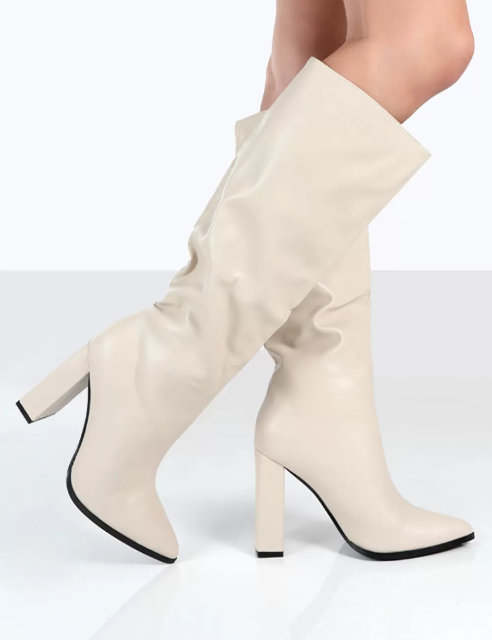 Cheap Public Desire Posie Stone Pu Knee High Block Heel Boots Neutral