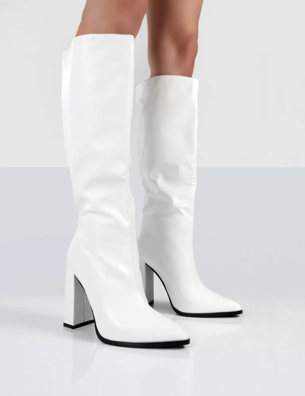 Sale Public Desire Posie PU Knee High Block Heel Boots White