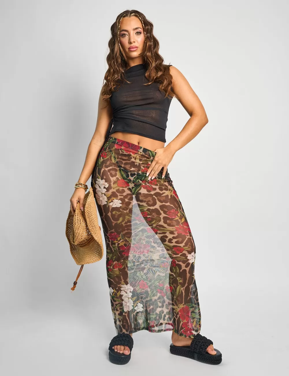 Clearance Public Desire Printed Mesh Maxi Skirt Multi