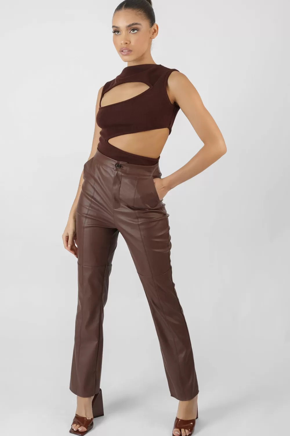 Clearance Public Desire Pu Seam Front Split Detail Trousers Chocolate Brown