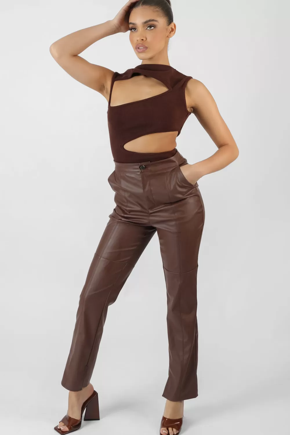 Clearance Public Desire Pu Seam Front Split Detail Trousers Chocolate Brown