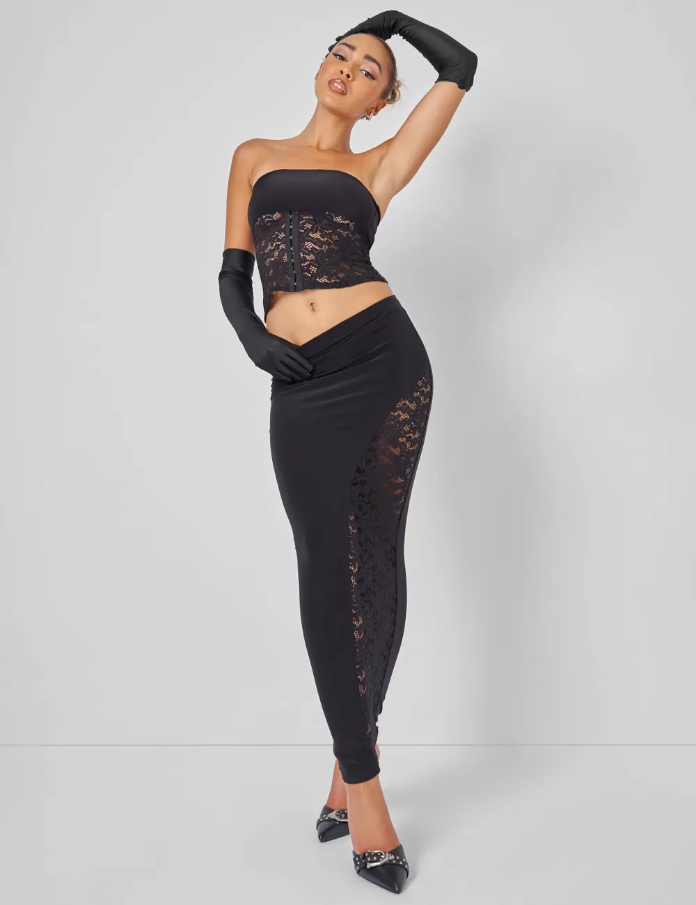 Best Public Desire Lace High Split Maxi Skirt Co-ord in Black