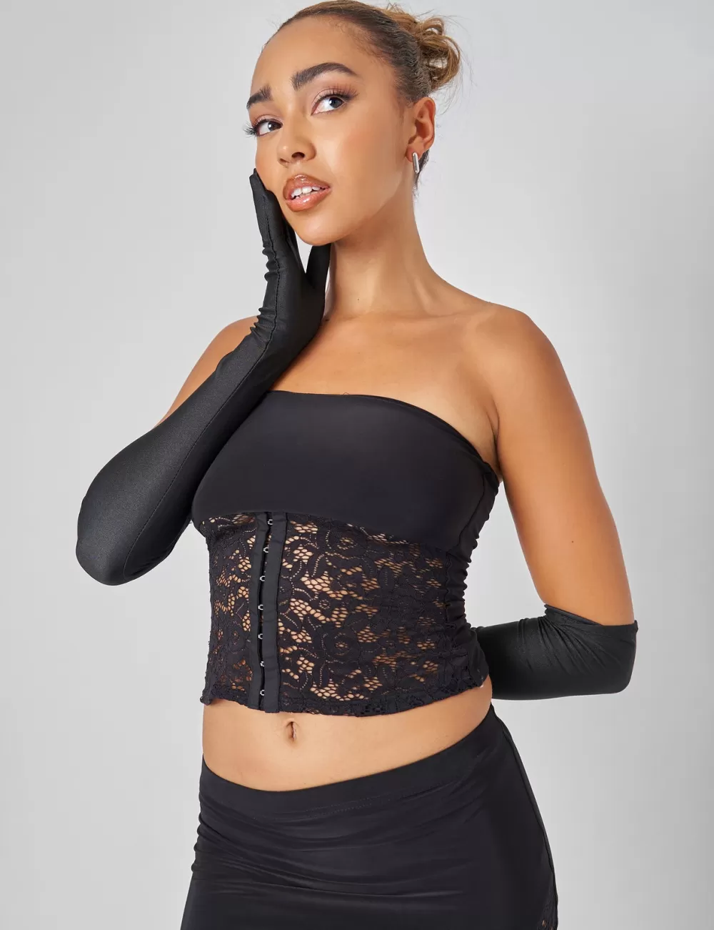 Cheap Public Desire Lace Hook and Eye Bandeau Top Co-ord in Black