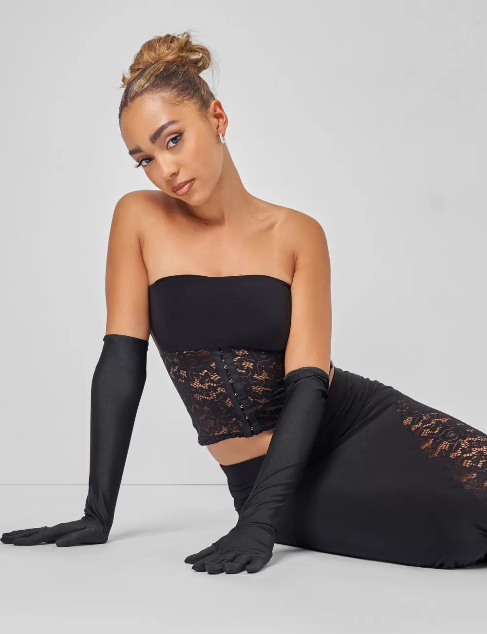 Cheap Public Desire Lace Hook and Eye Bandeau Top Co-ord in Black