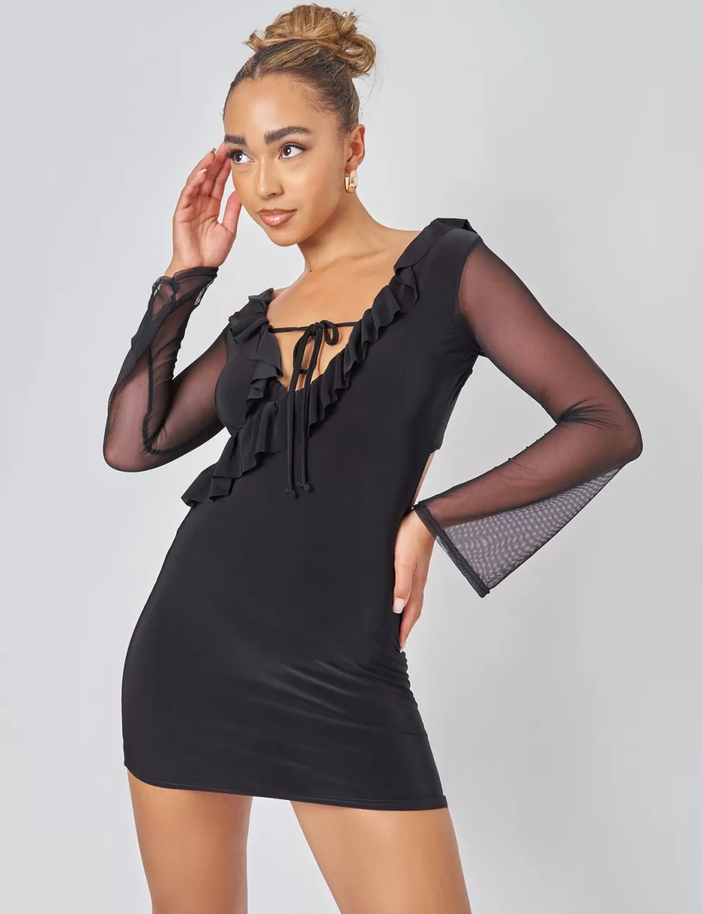 Online Public Desire Mesh Tie Front Mini Dress in Black