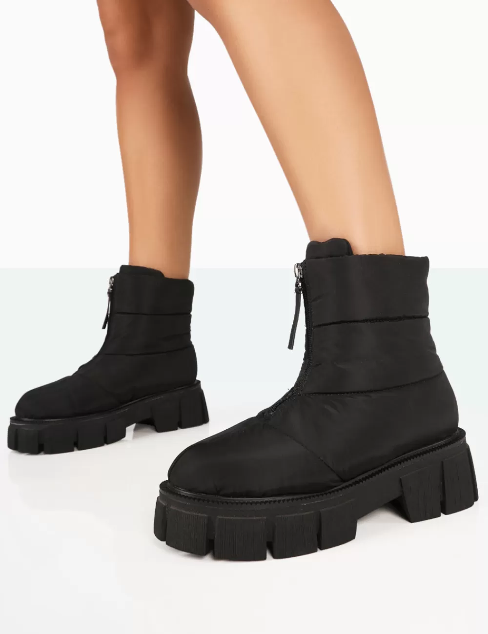 New Public Desire Puffy Nylon Zip Up Chunky Sole Snow Ankle Boots Black