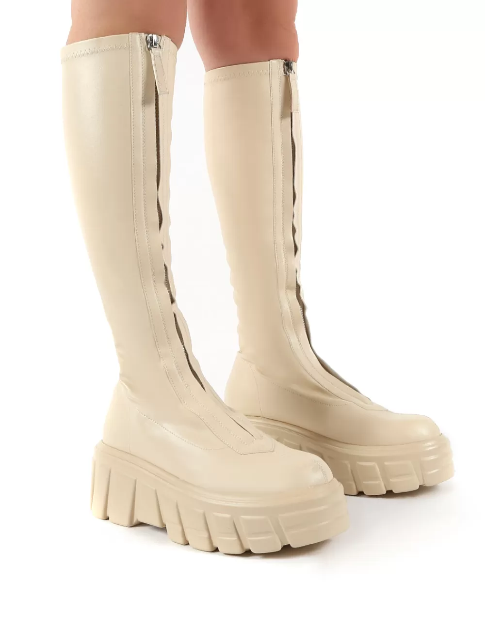 Online Public Desire Quest Ecru Zip Up Chunky Sole Knee High Boots White