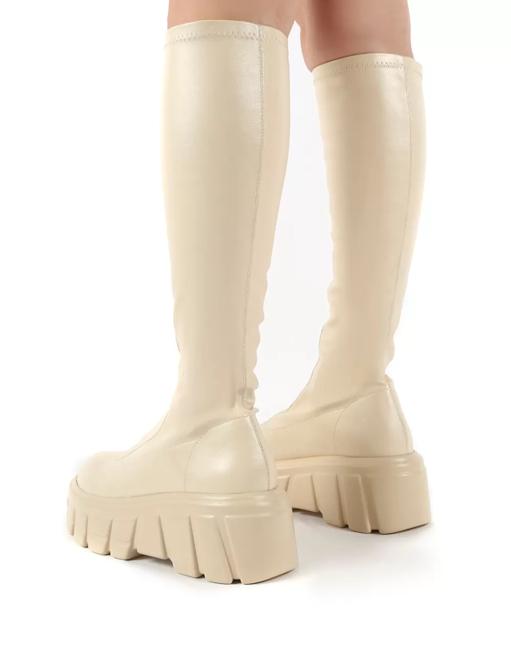 Online Public Desire Quest Ecru Zip Up Chunky Sole Knee High Boots White