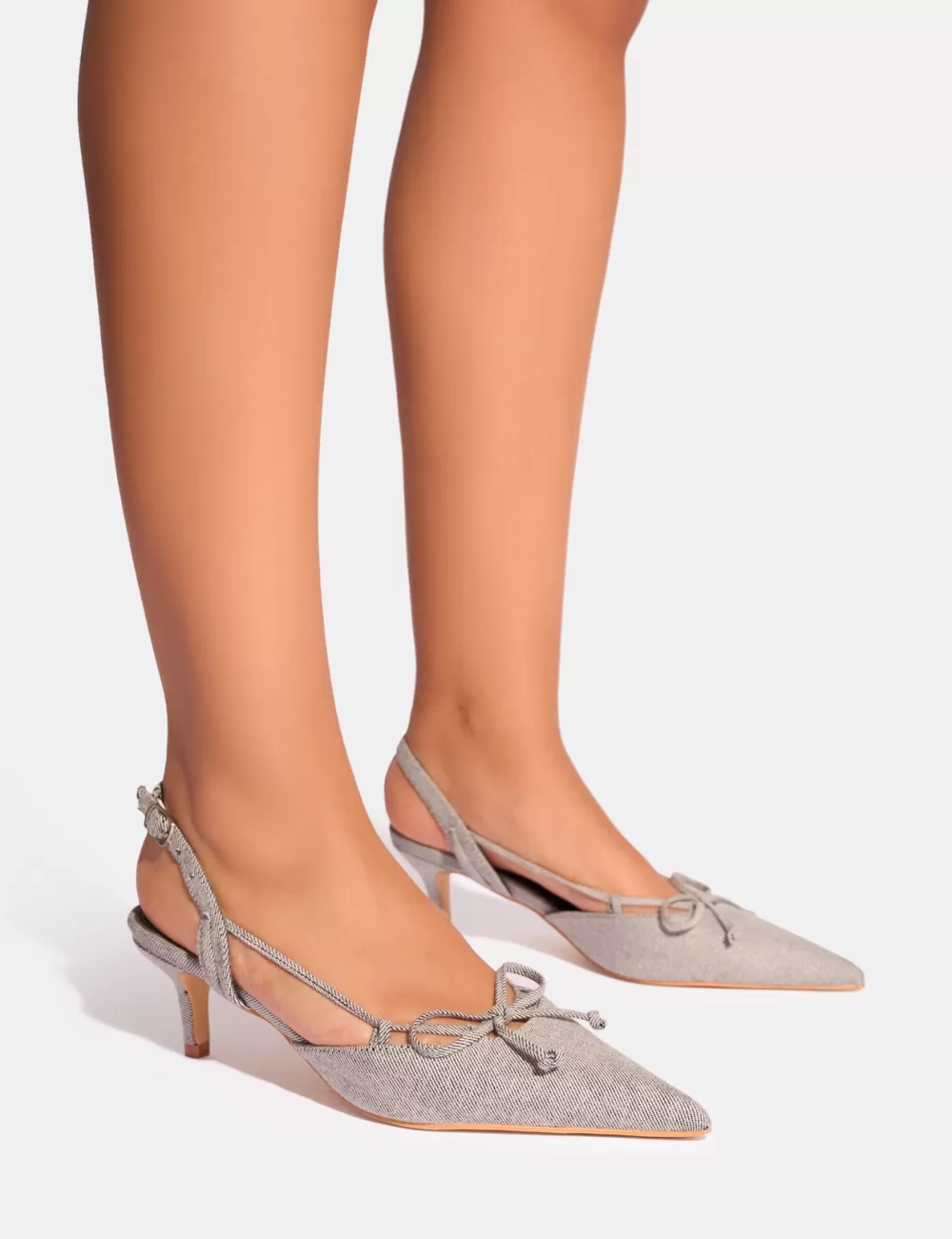 Hot Public Desire Rai Denim Bow Detail Slingback Mid Heels Grey