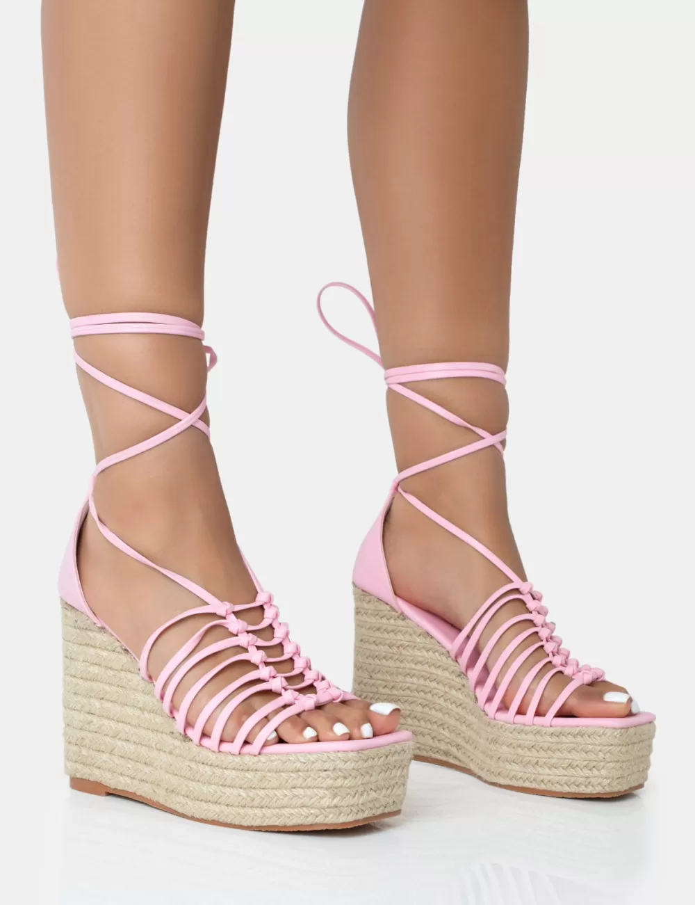 Cheap Public Desire Reece Baby PU Knot Strap Lace Up Raffia Wedge Heels Pink