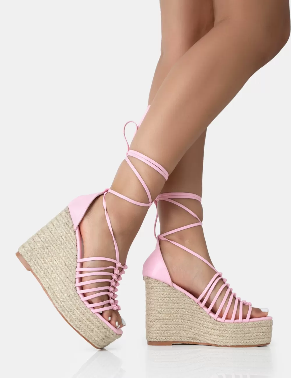 Cheap Public Desire Reece Baby PU Knot Strap Lace Up Raffia Wedge Heels Pink