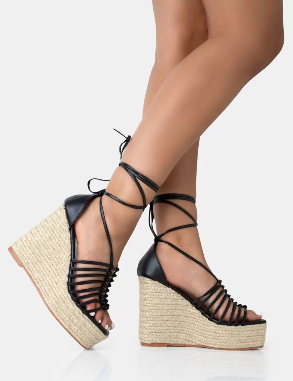 Shop Public Desire Reece PU Knot Strap Lace Up Raffia Wedge Heels Black