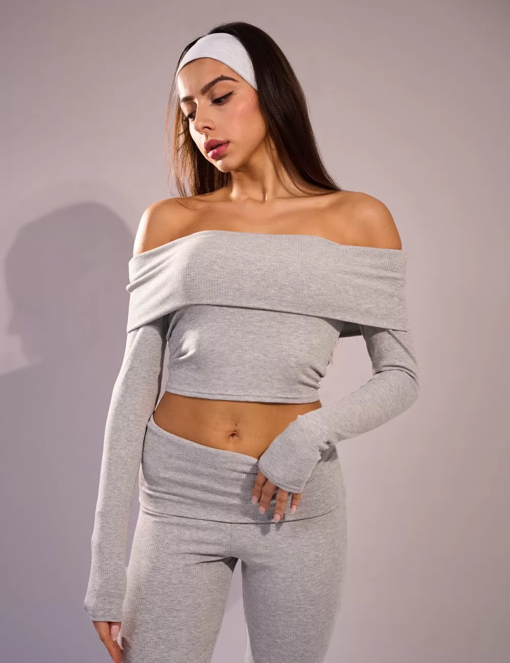 Hot Public Desire Rib Foldover Long Sleeve Top Grey