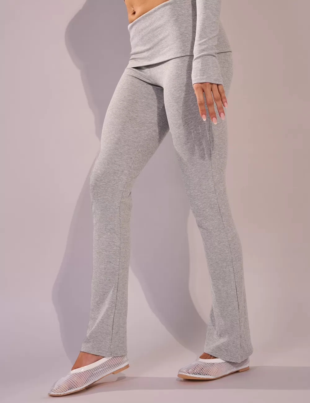 Cheap Public Desire Rib Foldover Straight Leg Pant Grey