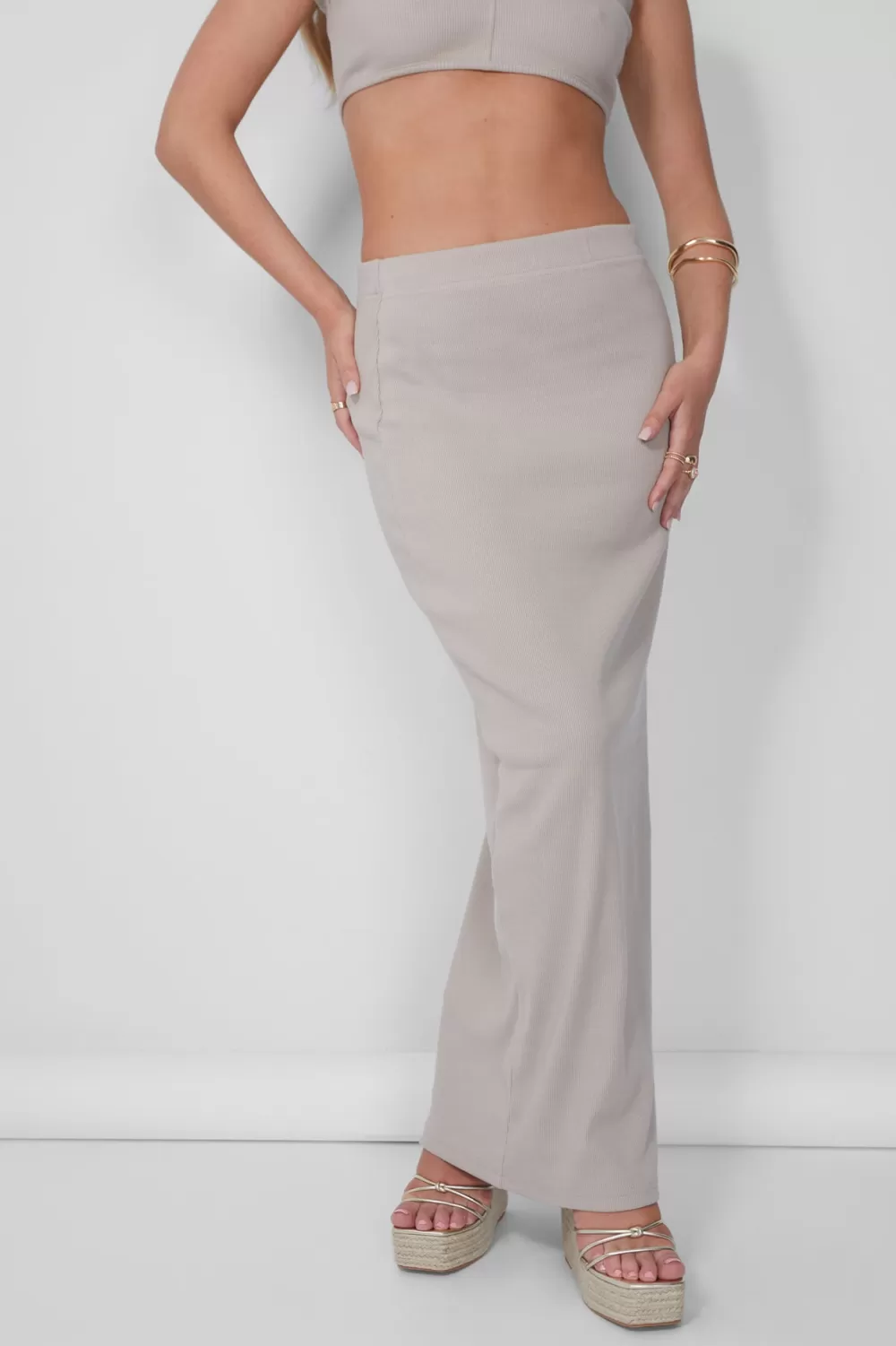 Store Public Desire Ribbed Maxi Skirt Stone Neutral