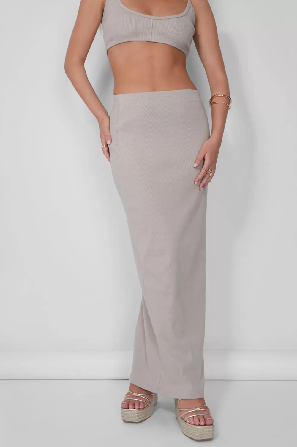 Store Public Desire Ribbed Maxi Skirt Stone Neutral