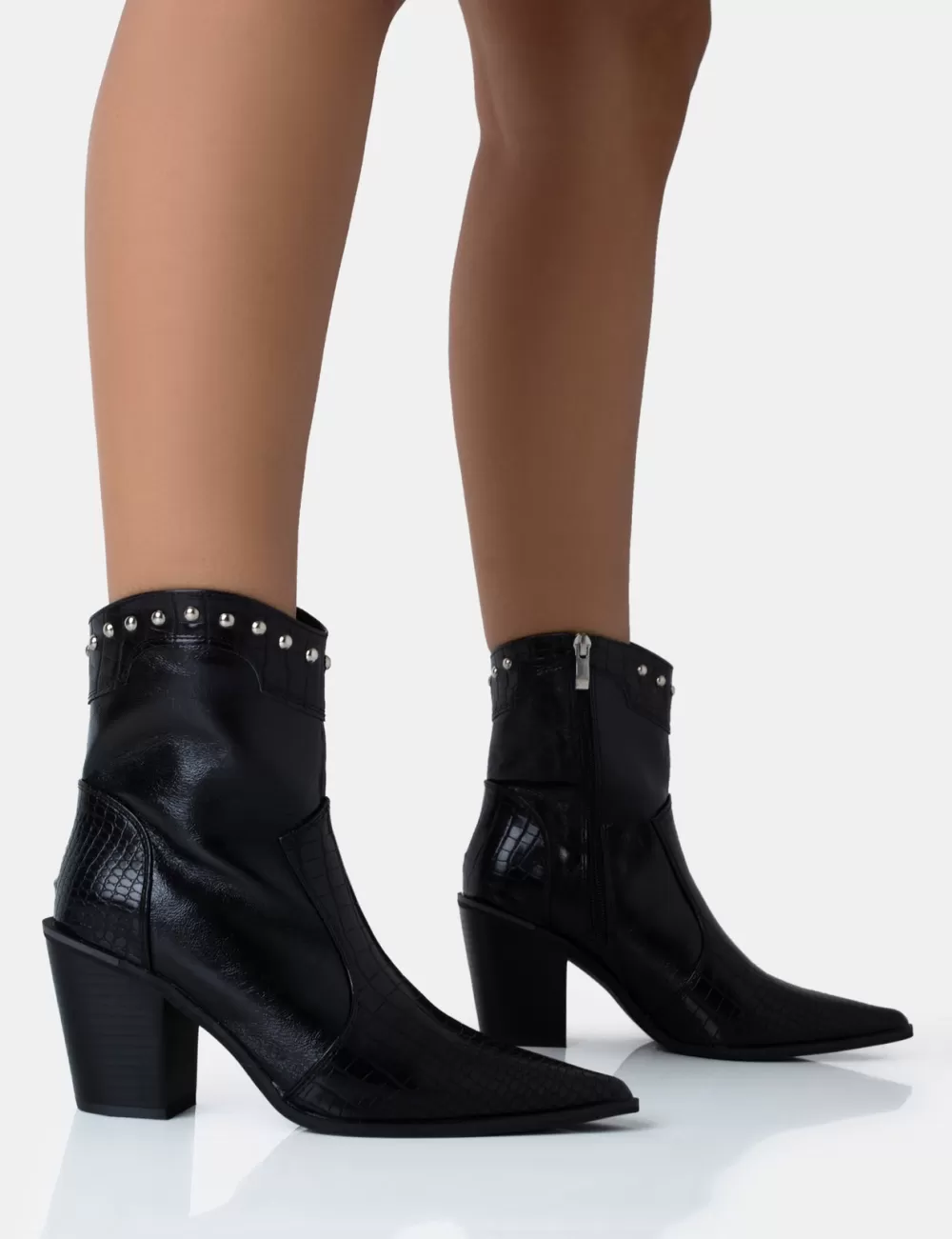 Fashion Public Desire Riley Croc Metal Studded Detail Western Cowboy Block Ankle Boots Black