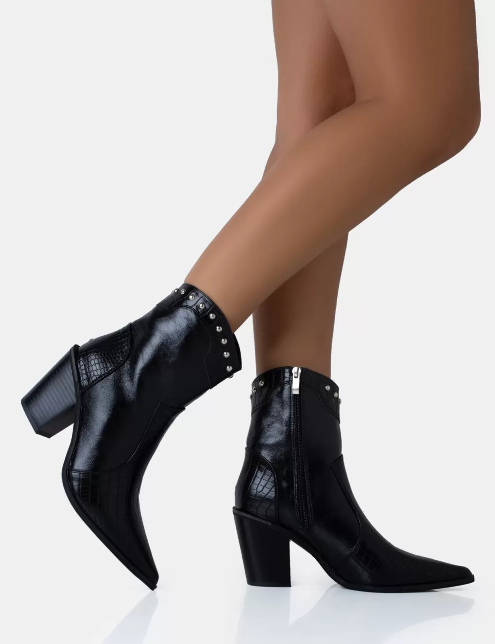 Fashion Public Desire Riley Croc Metal Studded Detail Western Cowboy Block Ankle Boots Black
