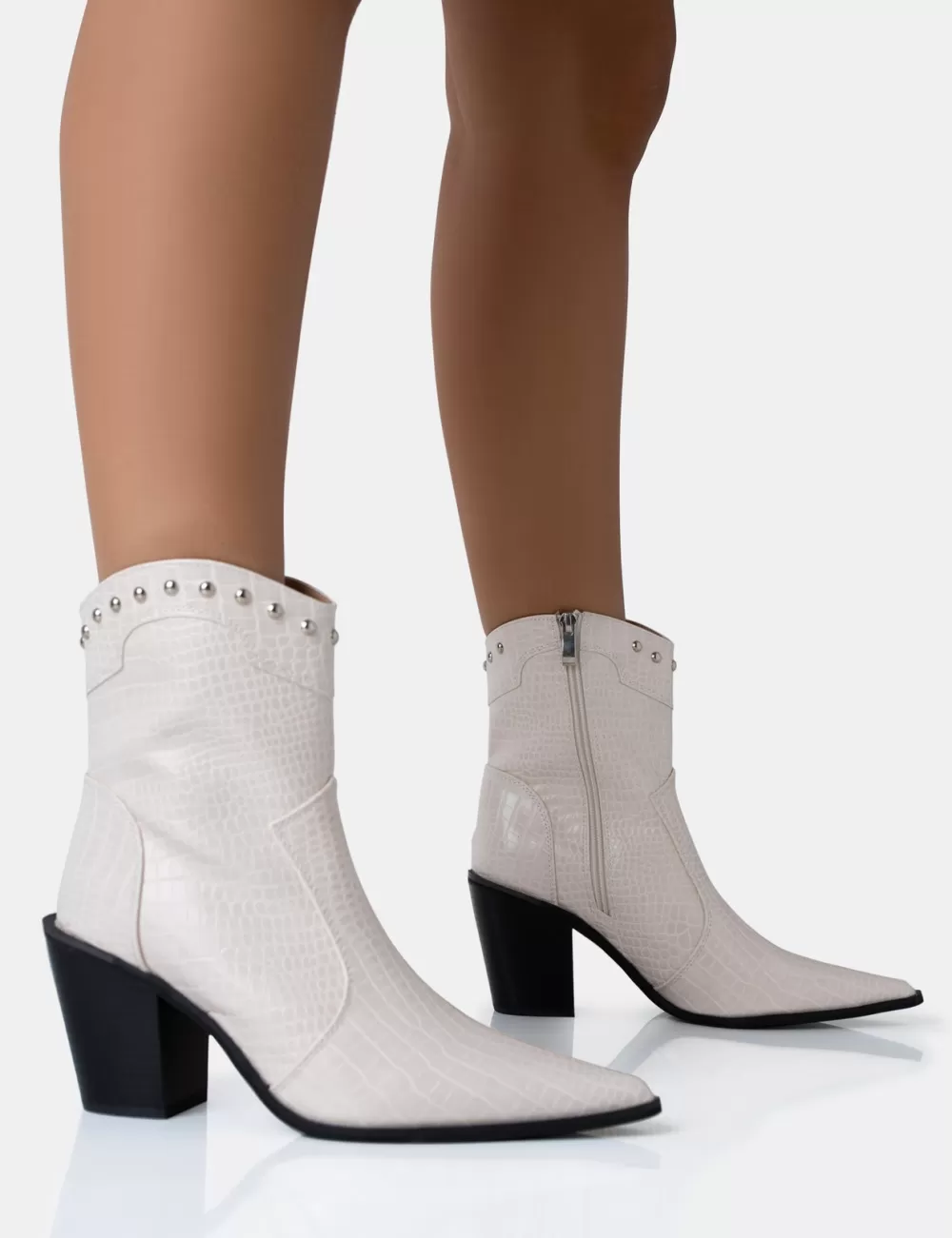Online Public Desire Riley Ecru Croc Metal Studded Detail Western Cowboy Block Ankle Boots Neutral