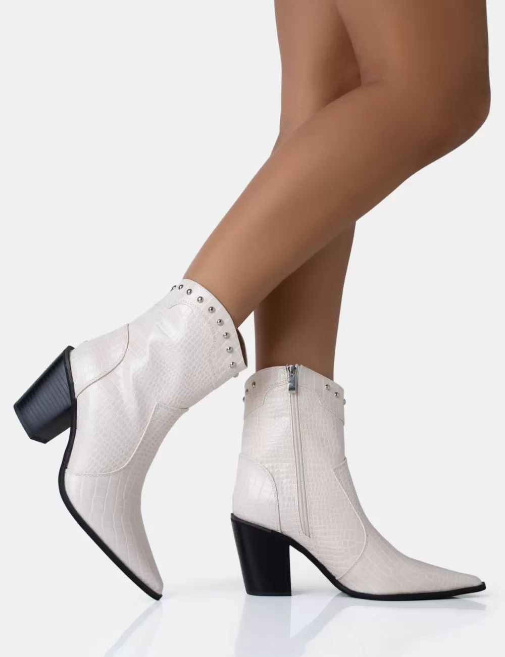 Online Public Desire Riley Ecru Croc Metal Studded Detail Western Cowboy Block Ankle Boots Neutral