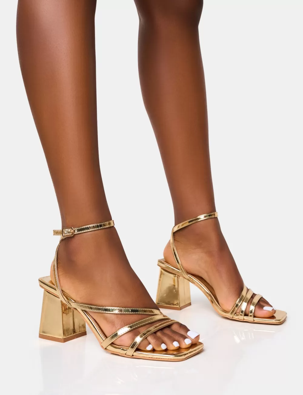 Cheap Public Desire Robin Strappy Square Toe Mid Block Heels Gold