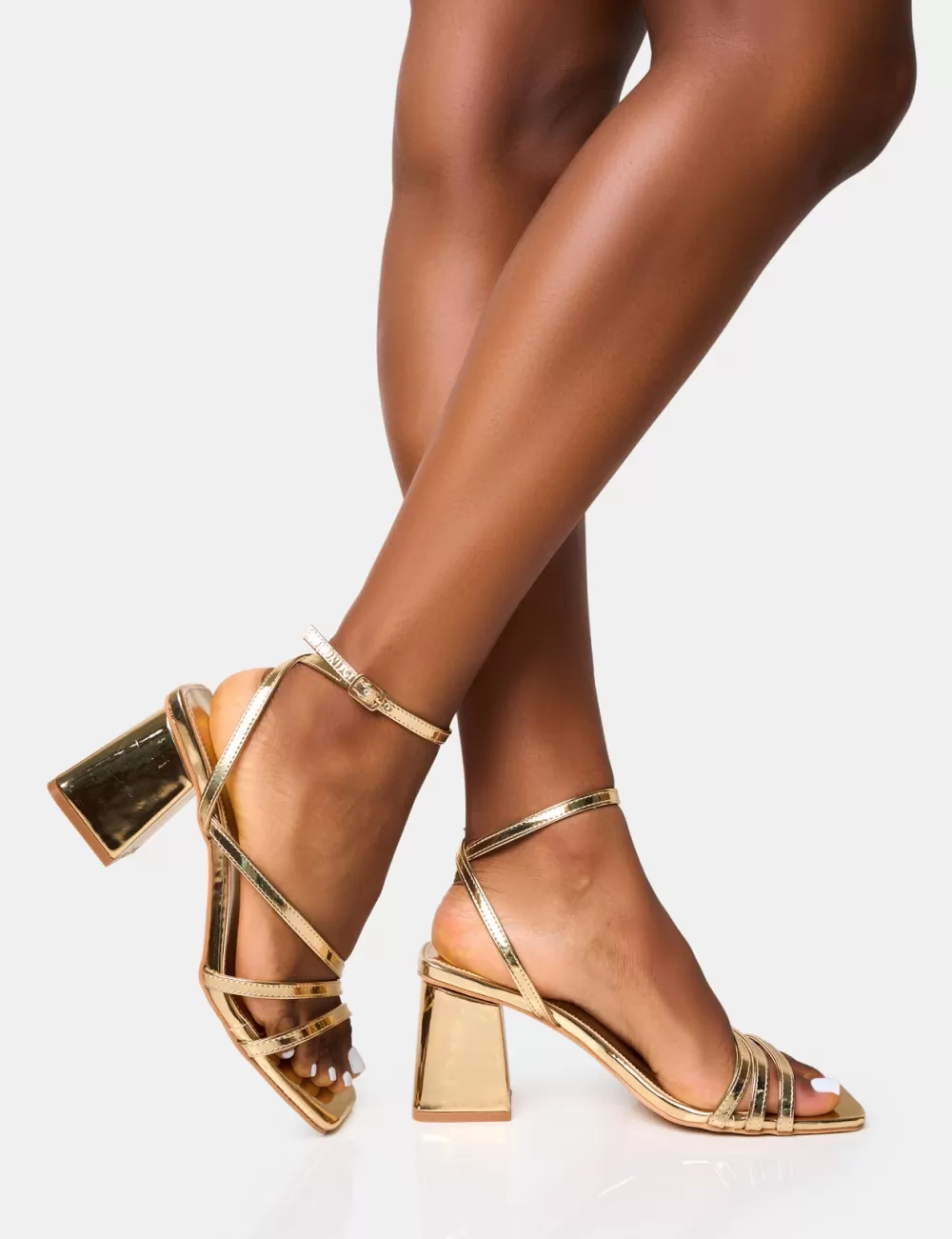 Cheap Public Desire Robin Strappy Square Toe Mid Block Heels Gold