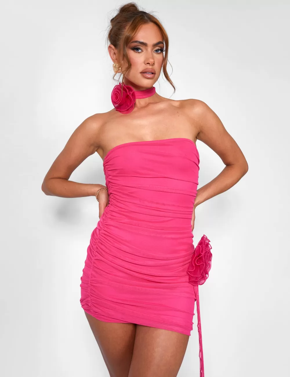 Hot Public Desire Rose Detail Bandeau Mesh Mini Dress Hot Pink Neutral