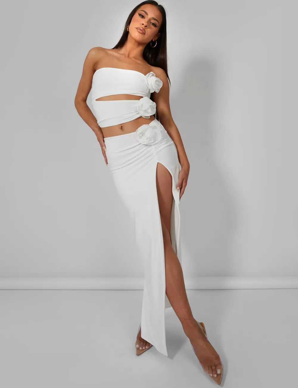 Best Sale Public Desire Rose Detail Extreme Split Maxi Skirt Ivory White