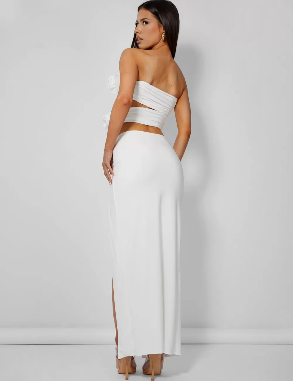 Best Sale Public Desire Rose Detail Extreme Split Maxi Skirt Ivory White