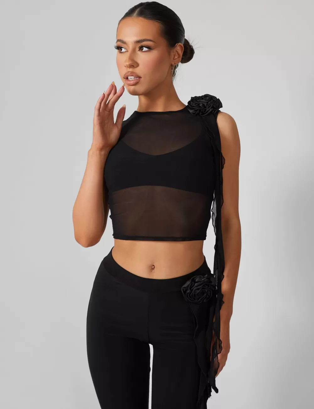 Shop Public Desire Rose Detail Sleeveless Mesh Top Black