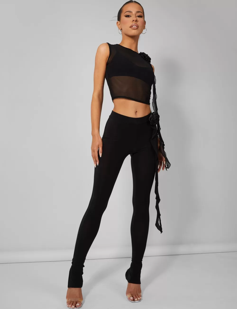 Online Public Desire Rose Detail Slinky Trouser Black