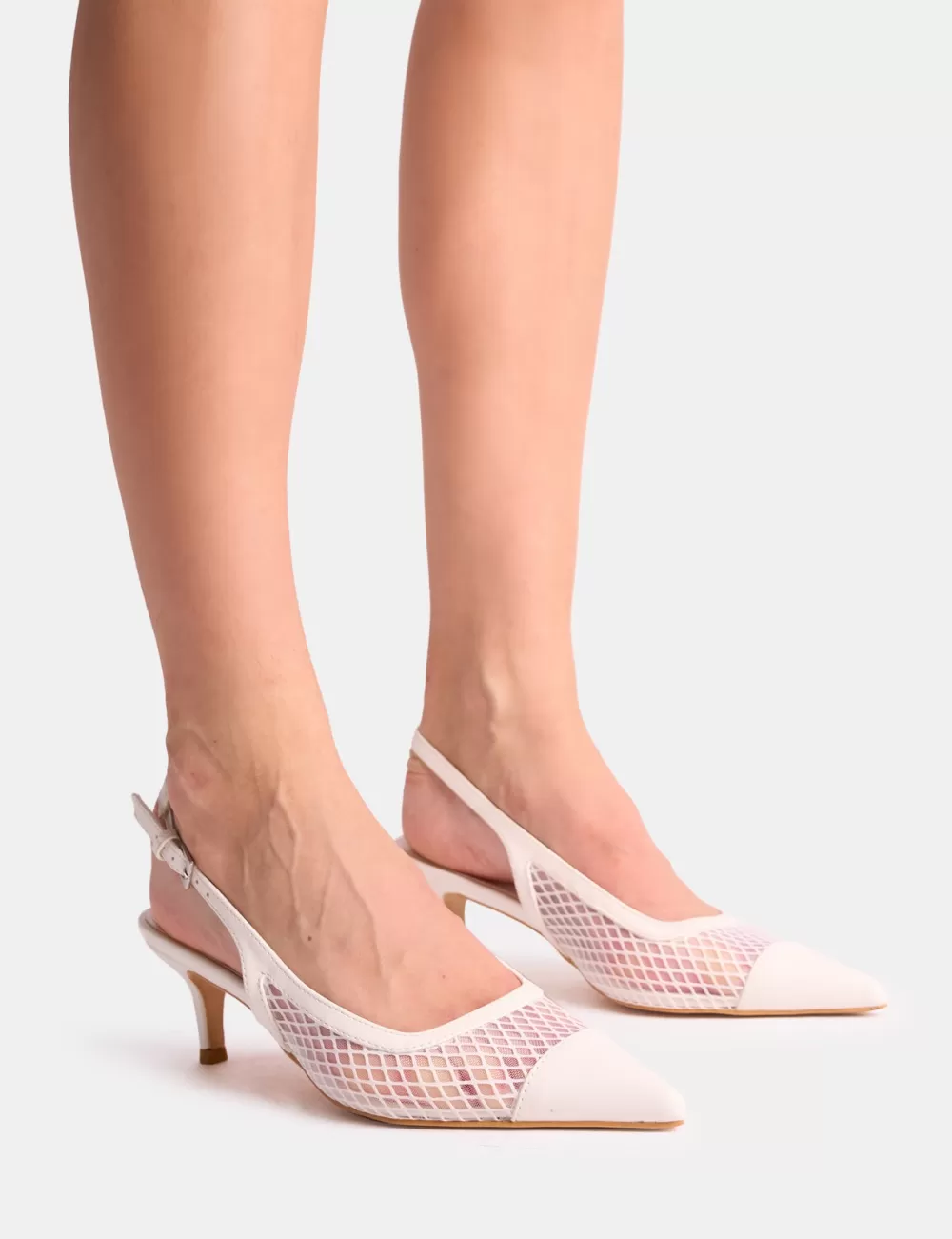 New Public Desire Roue Mesh Detail Slingback Mid Court Heels White