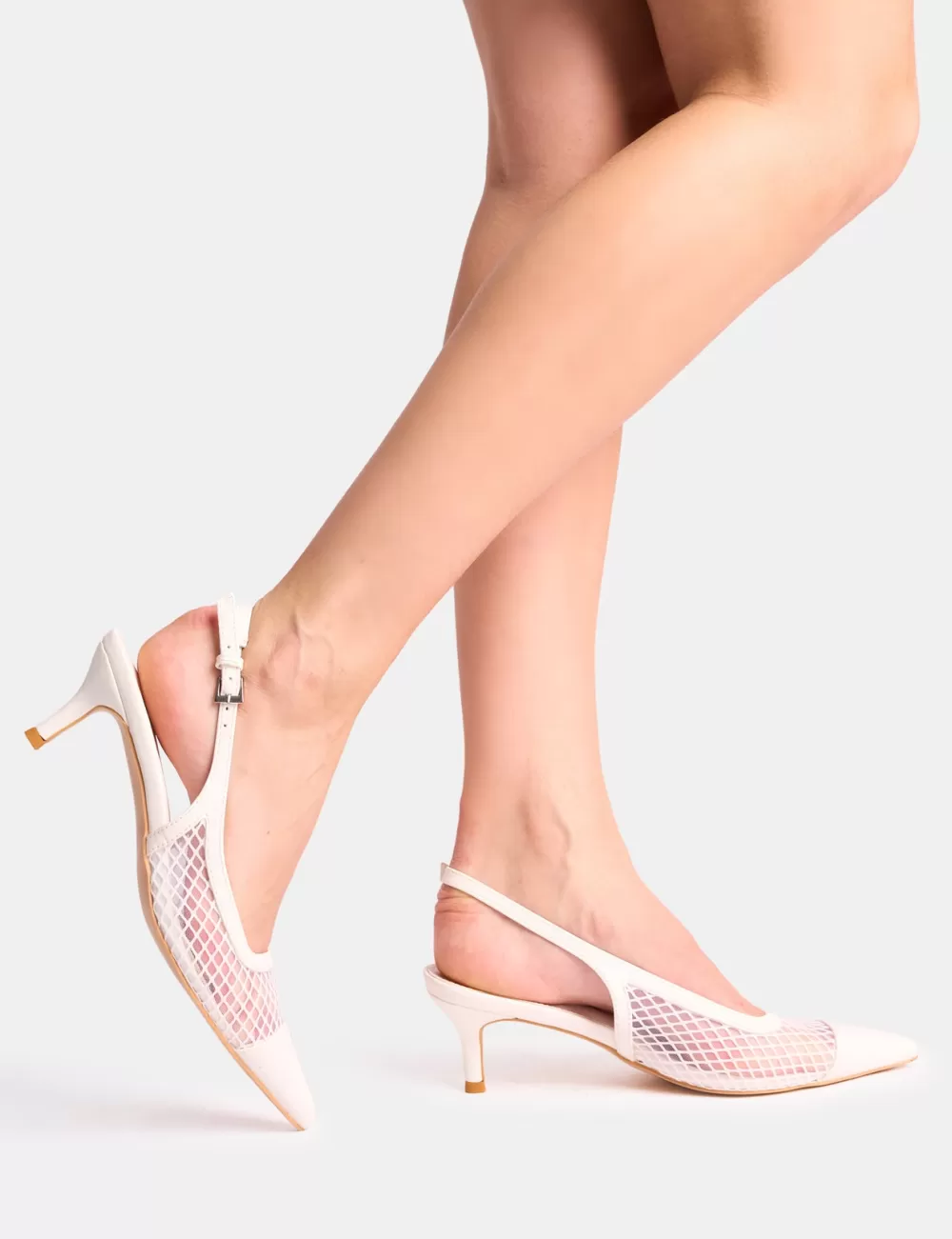 New Public Desire Roue Mesh Detail Slingback Mid Court Heels White