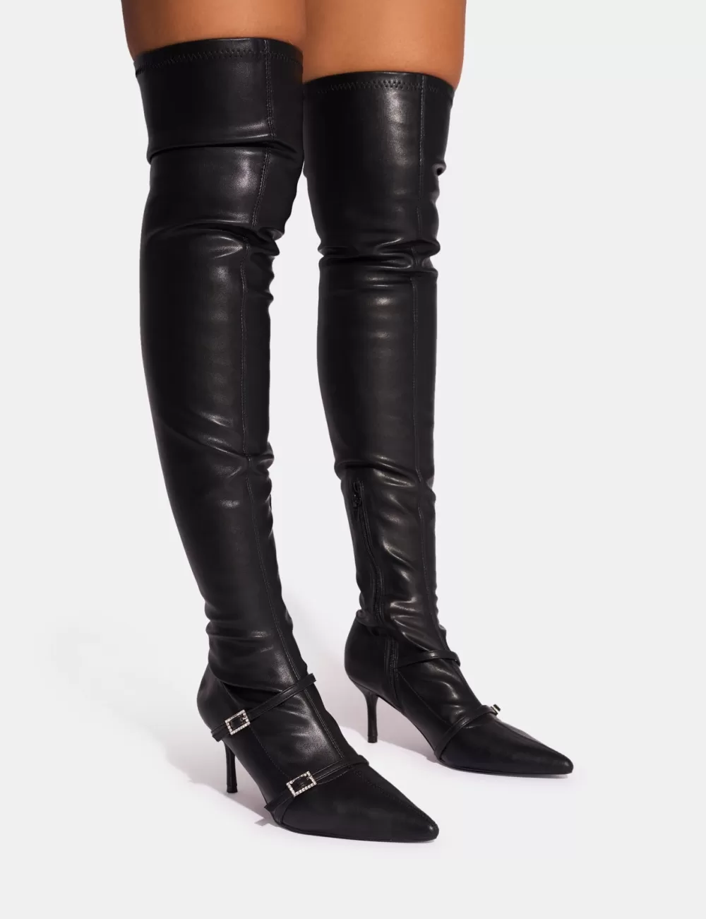Outlet Public Desire Roulette Pointed Toe Diamante Buckle Mid Heel Over The Knee Sock Boots Black